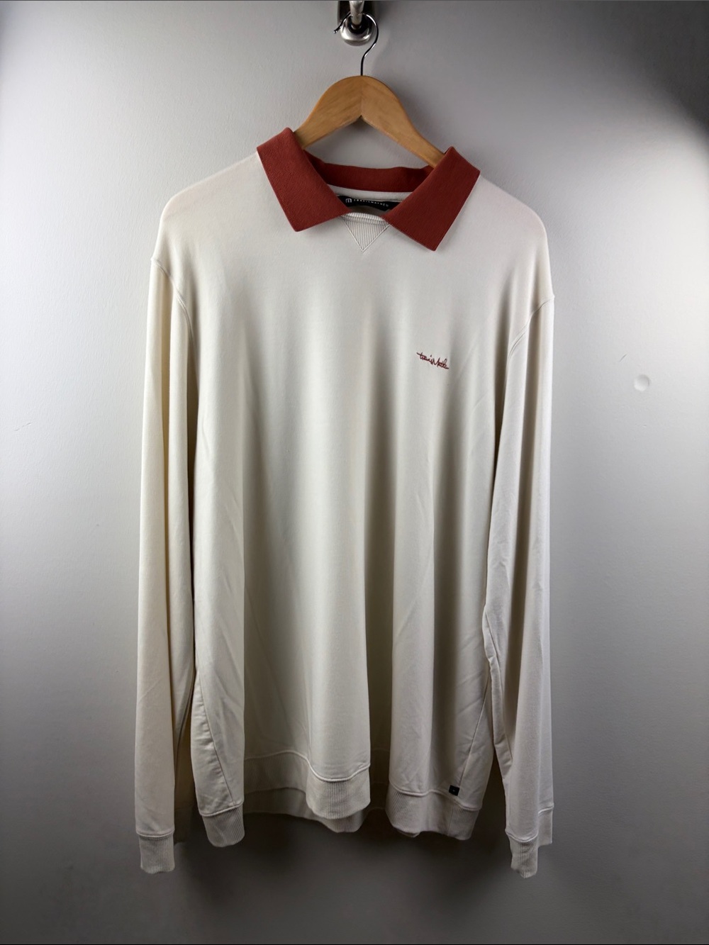 Travis Mathew Cream Long-Sleeve Polo Shirt with Rust Collar